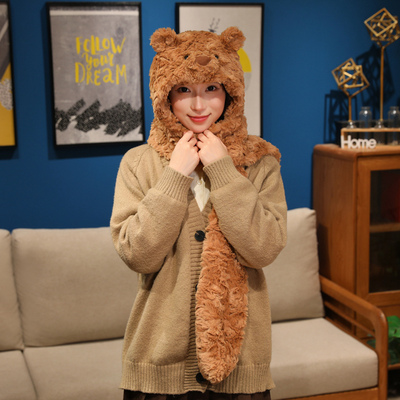 英国巴塞罗熊连帽围巾一体毛绒帽子围脖儿童女生保暖骑车围巾帽子