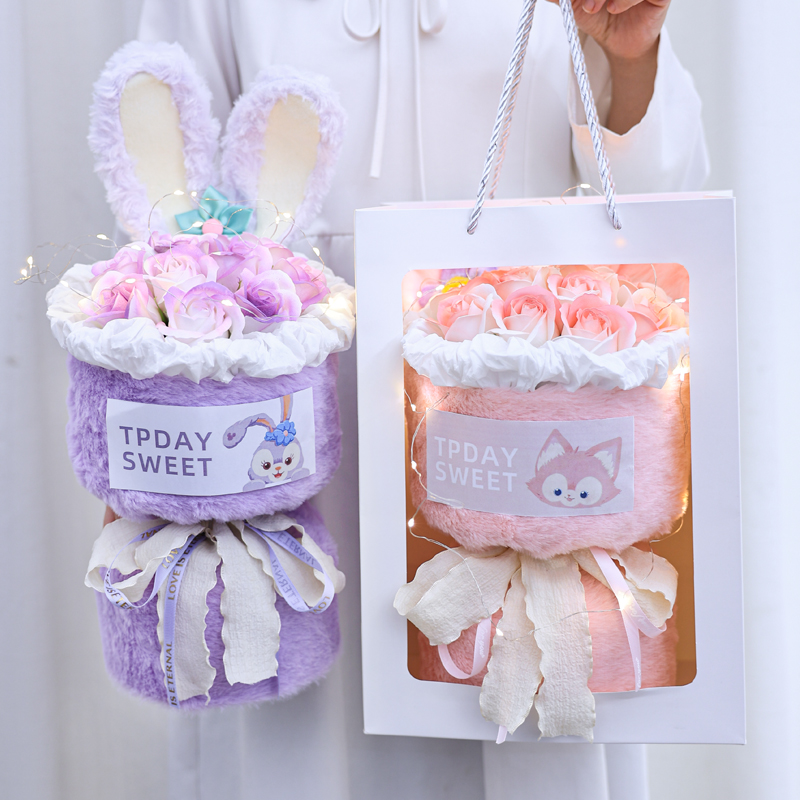可爱兔子星黛露仿真永生香皂玫瑰花束成品送女友闺蜜姐妹生日礼物