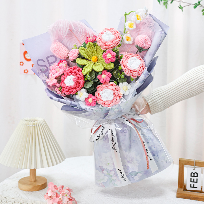 仿真永生手捧花手工钩针织郁金香玫瑰毛线花束生日礼物送女友妈妈
