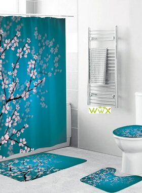 Shower Curtain/Bath Mat/Toilet Pad Set Anti-slip Toilet