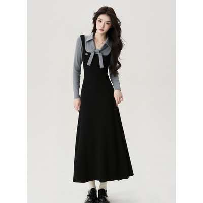 秋冬季新款学院风拼接连衣裙女收腰显瘦气质设计感茶歇长裙子