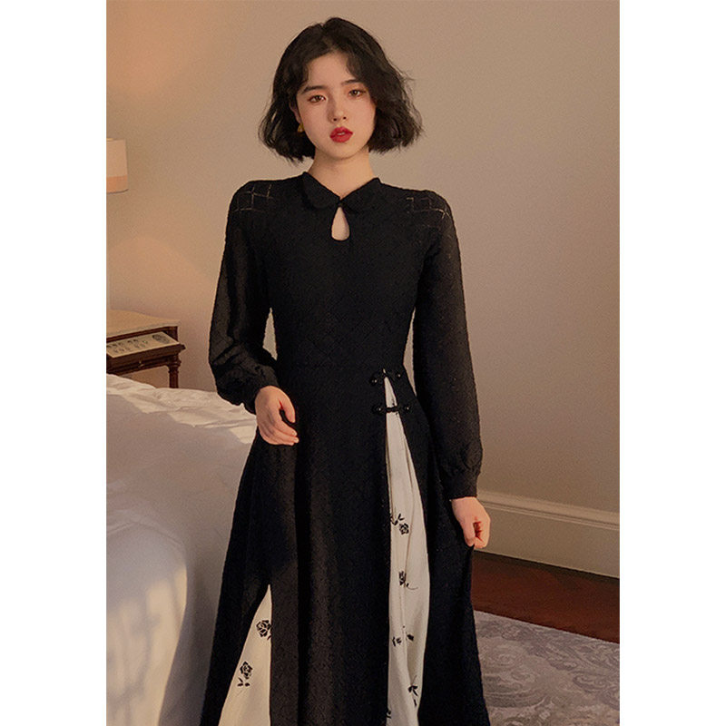 改良旗袍连衣裙女秋冬季设计感小众法式拼接黑色气质长裙宴会礼服
