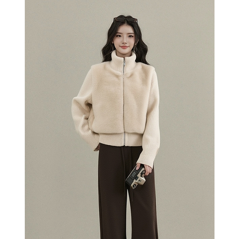秋冬季新款韩系时尚气质上衣针织修身设计感针织衫拼接毛衣