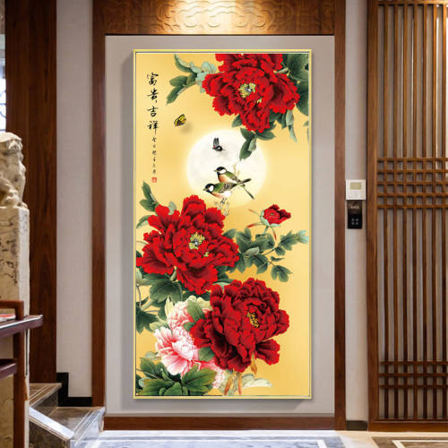 牡丹花开富贵十字绣2022新款满绣竖版玄关新中式线绣自己手工刺绣
