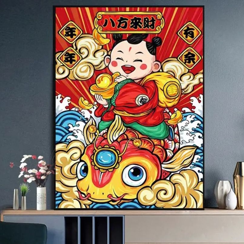 八方来财十字绣新款中式送财童子满绣23色线绣刺绣手工主播同款