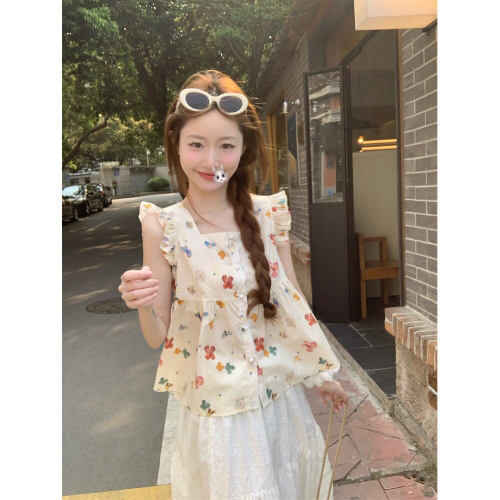 短款碎花小飞袖上衣初夏多巴胺法式娃娃衫小个子衬衫冰淇淋穿搭