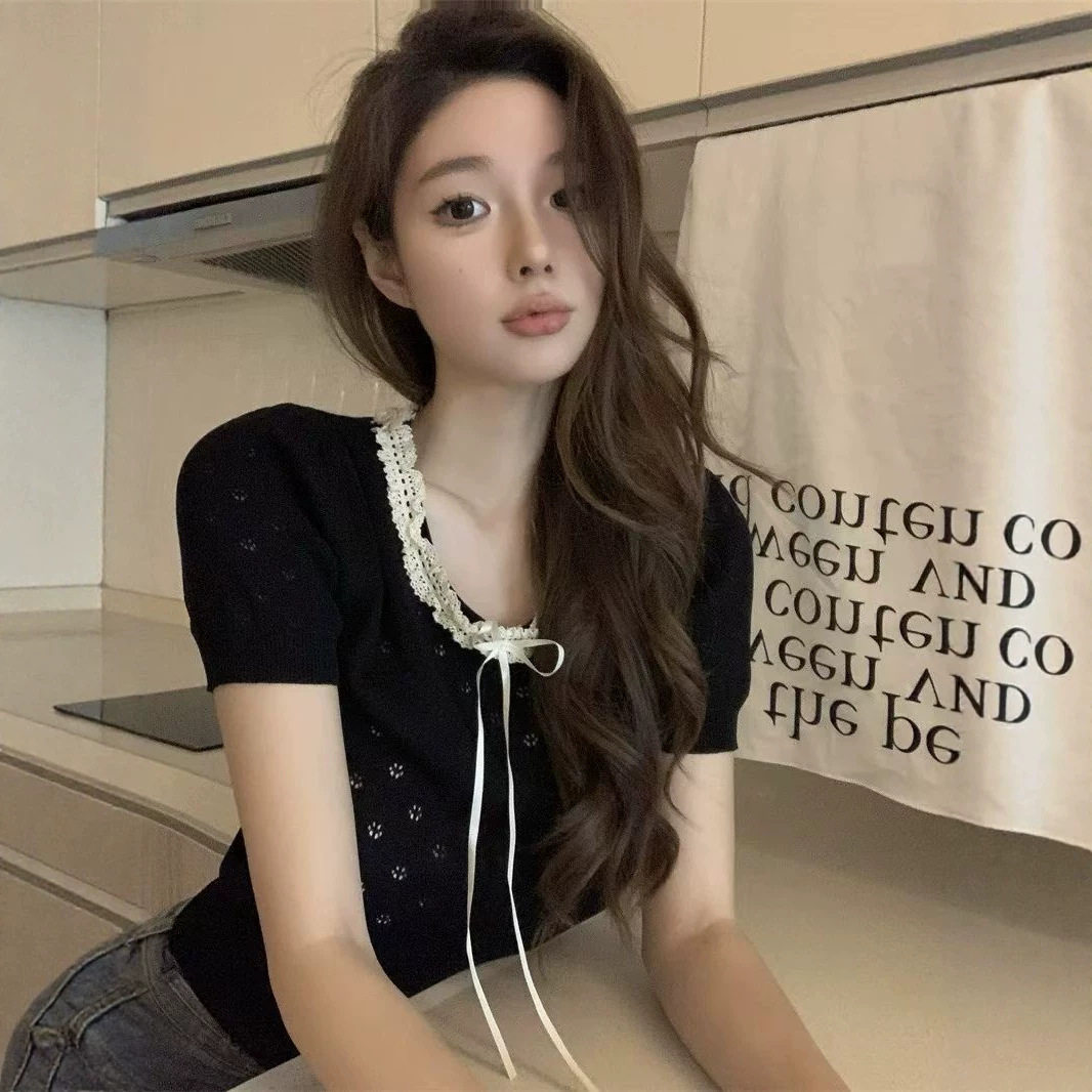法式蕾丝花边蝴蝶结泡泡袖针织衫女黑色修身冰丝短袖t恤夏季上衣