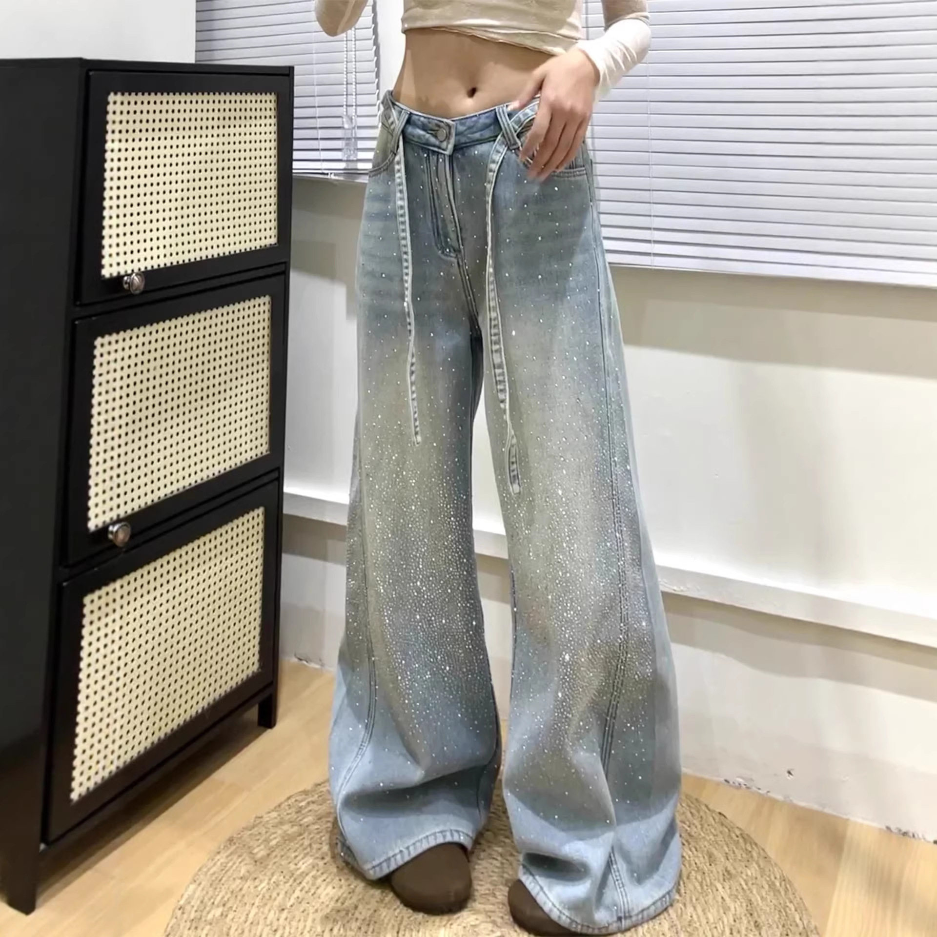 蓝色美式满天星烫钻牛仔裤女夏季新款大码胖mm高腰显瘦阔腿拖地裤