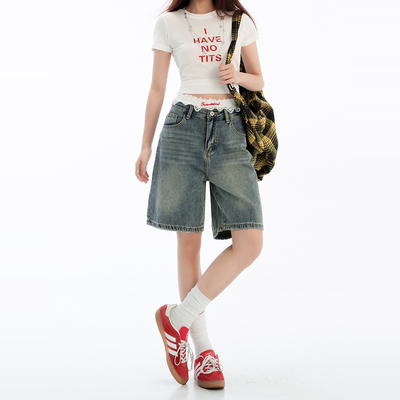 五分裤女夏女裤直筒外穿牛仔短裤夏季怀旧蓝水洗蓝宽松小个子批发