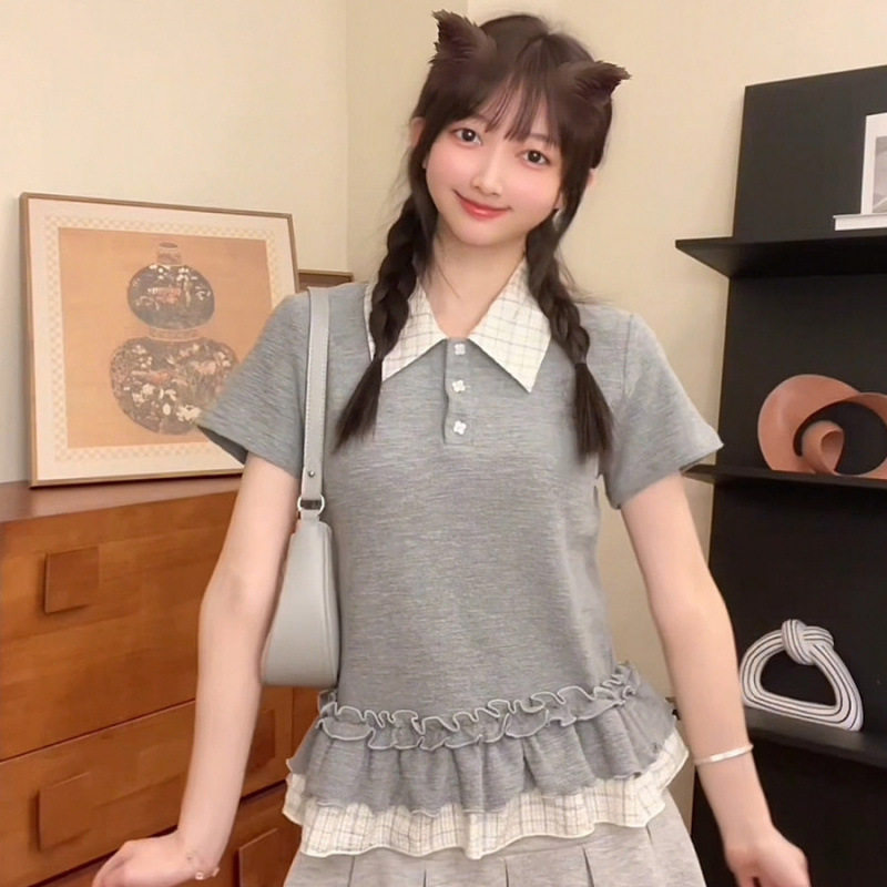 法式芭蕾风木耳边拼接假两件短款T恤女原宿风纽扣格纹polo领短袖