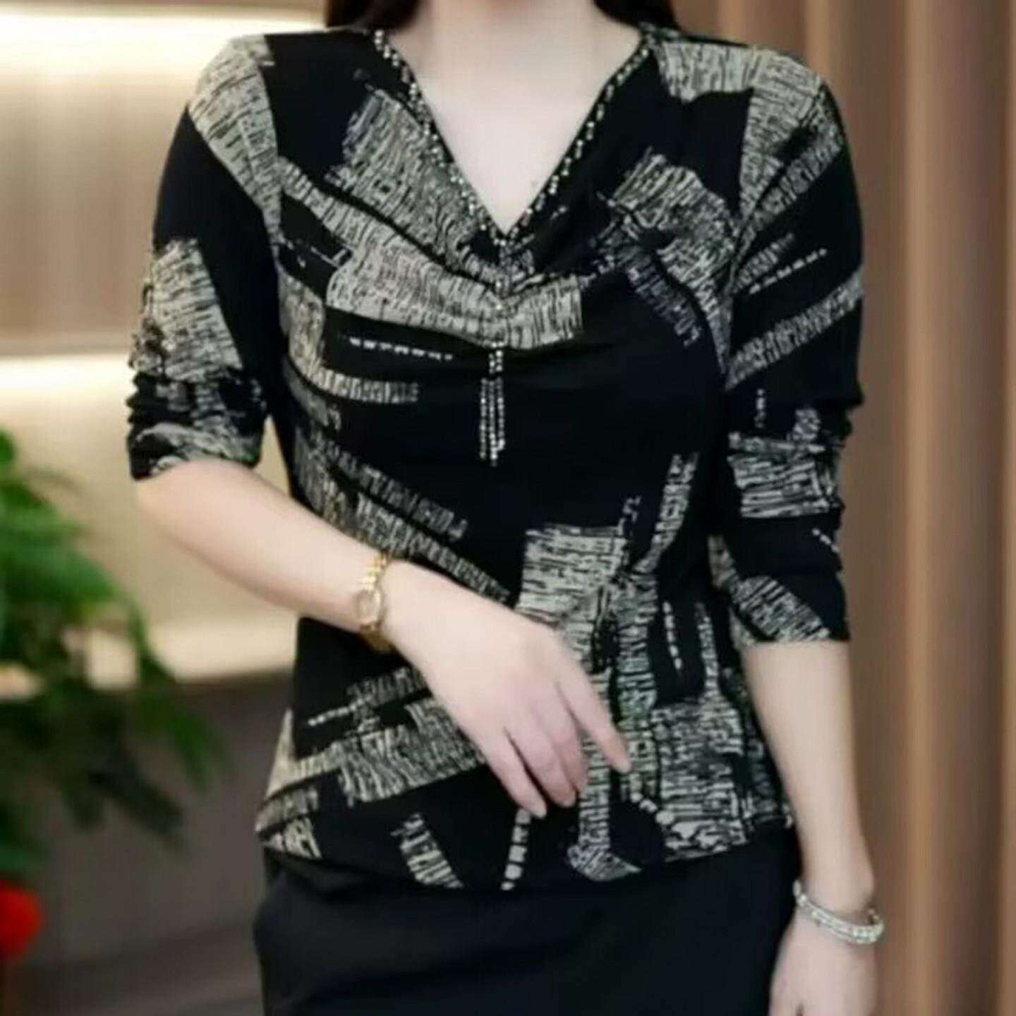 芙霖女装甄选店钉珠长袖V领雪纺衫2026秋季女士款气质显瘦打底Ta6