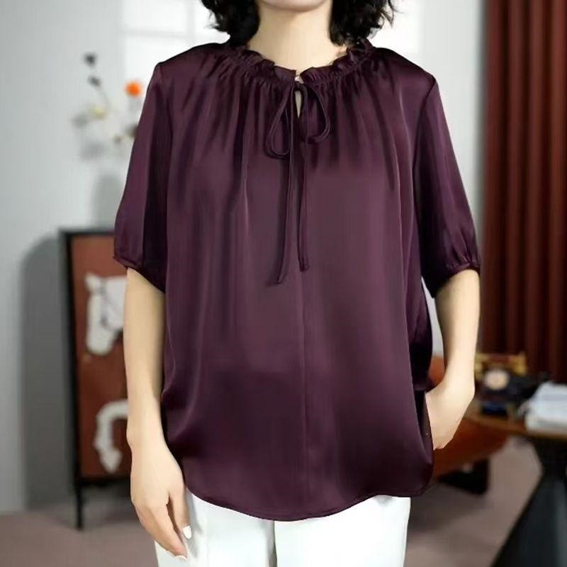 中老年女夏季新款短袖衬衫加大码胖人妈妈装宽松遮肉纯色小衫上衣