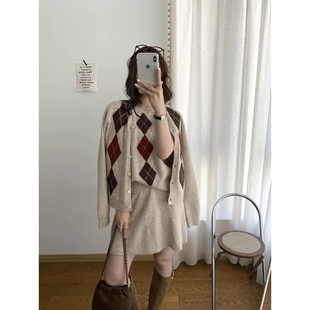 2025韓系菱格針織開衫 新款 寬松毛衣外套套裝 跨境 三件套女秋季