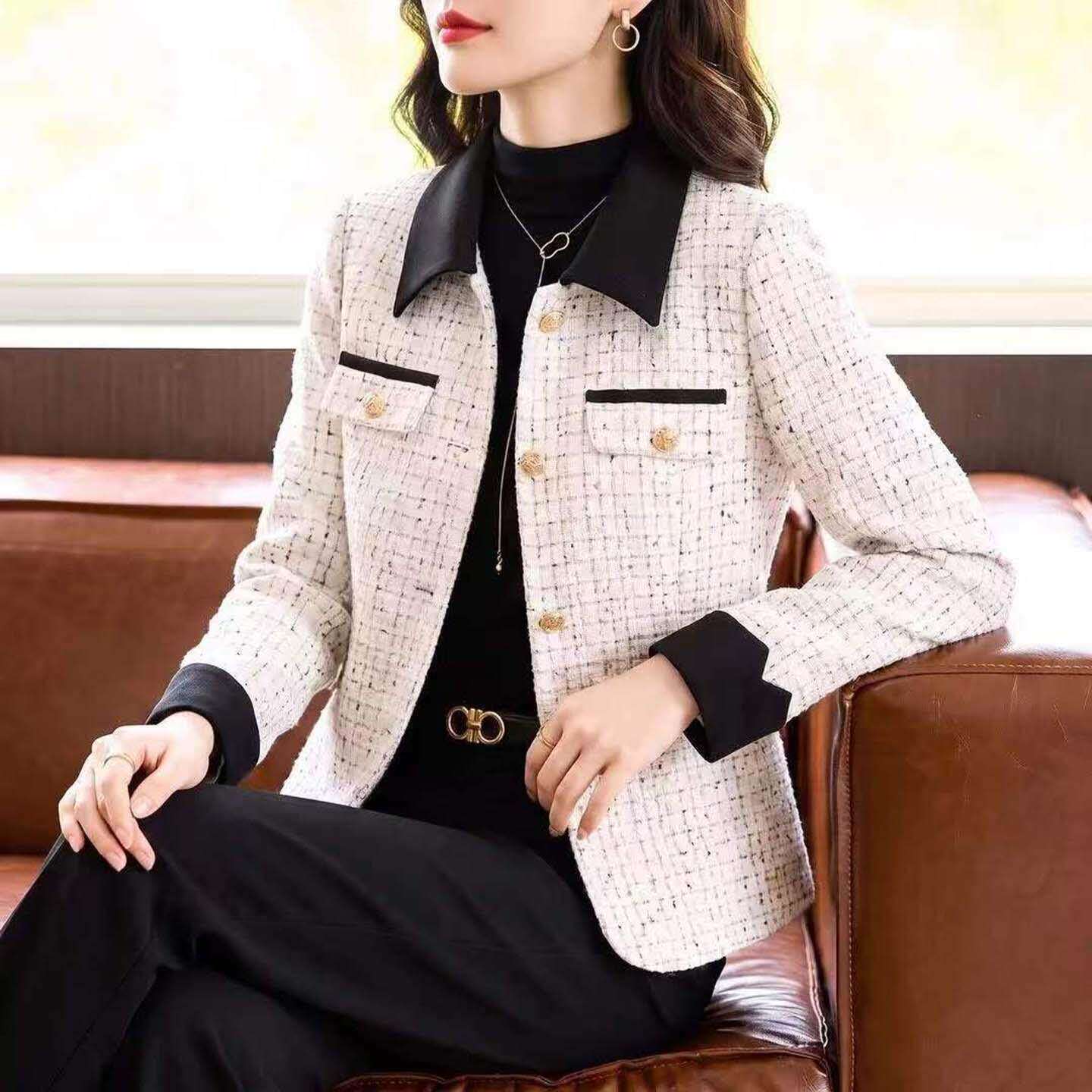 陆海丰撞色翻领小香风外套2026早秋新款女士粗花显瘦百搭西服上a2