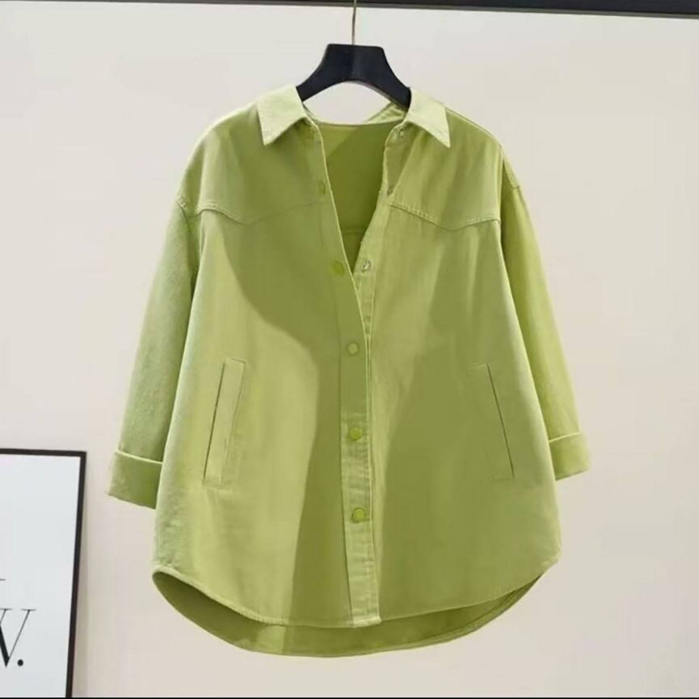 赴达牛油果绿衬衫春季新款洋气显瘦长袖女士翻领宽松百搭休闲上a5