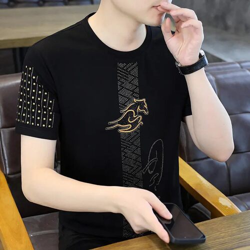 红玲珑服饰时尚男士夏季烫钻圆领T恤金马百搭潮流大码冰丝上衣Ta5