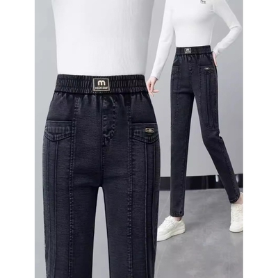 黑灰色软牛仔裤女秋冬2025年新款松紧高腰小脚裤子百搭休闲哈伦裤