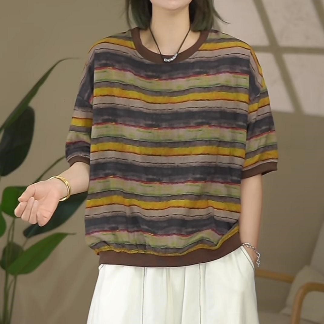 夏季新款薄款宽松条纹圆领T恤复古套头百搭休闲撞色女士透气短袖