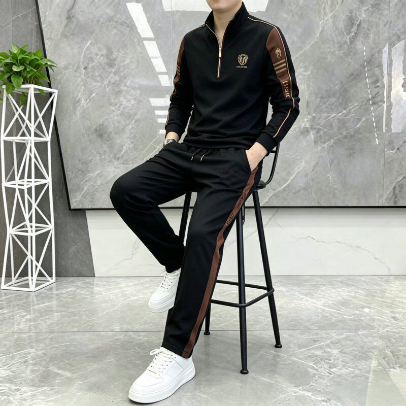 欧货长袖套装男士春秋季新款高档半拉链卫衣直筒长裤搭配一套运a9