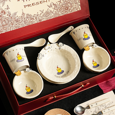 餐具套组儿童小学生家用卡通可爱女生陶瓷碗具盘组合杯子生日礼物
