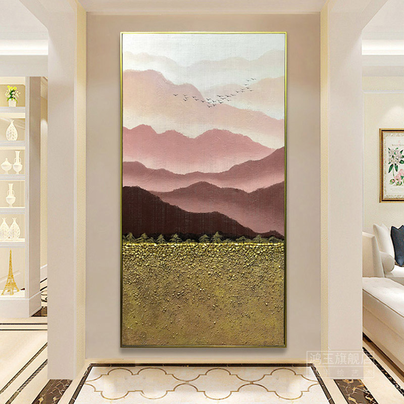 轻奢玄关山水挂画手绘油画新中式