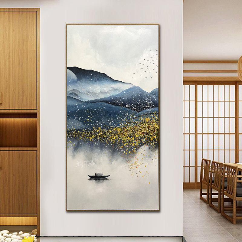 手绘山水油画飞鸟轻奢竖版定做