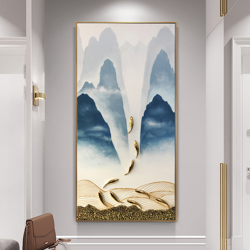 原创手绘九鱼油画好寓意玄关挂画轻奢装饰画走廊过道楼梯新中式图片