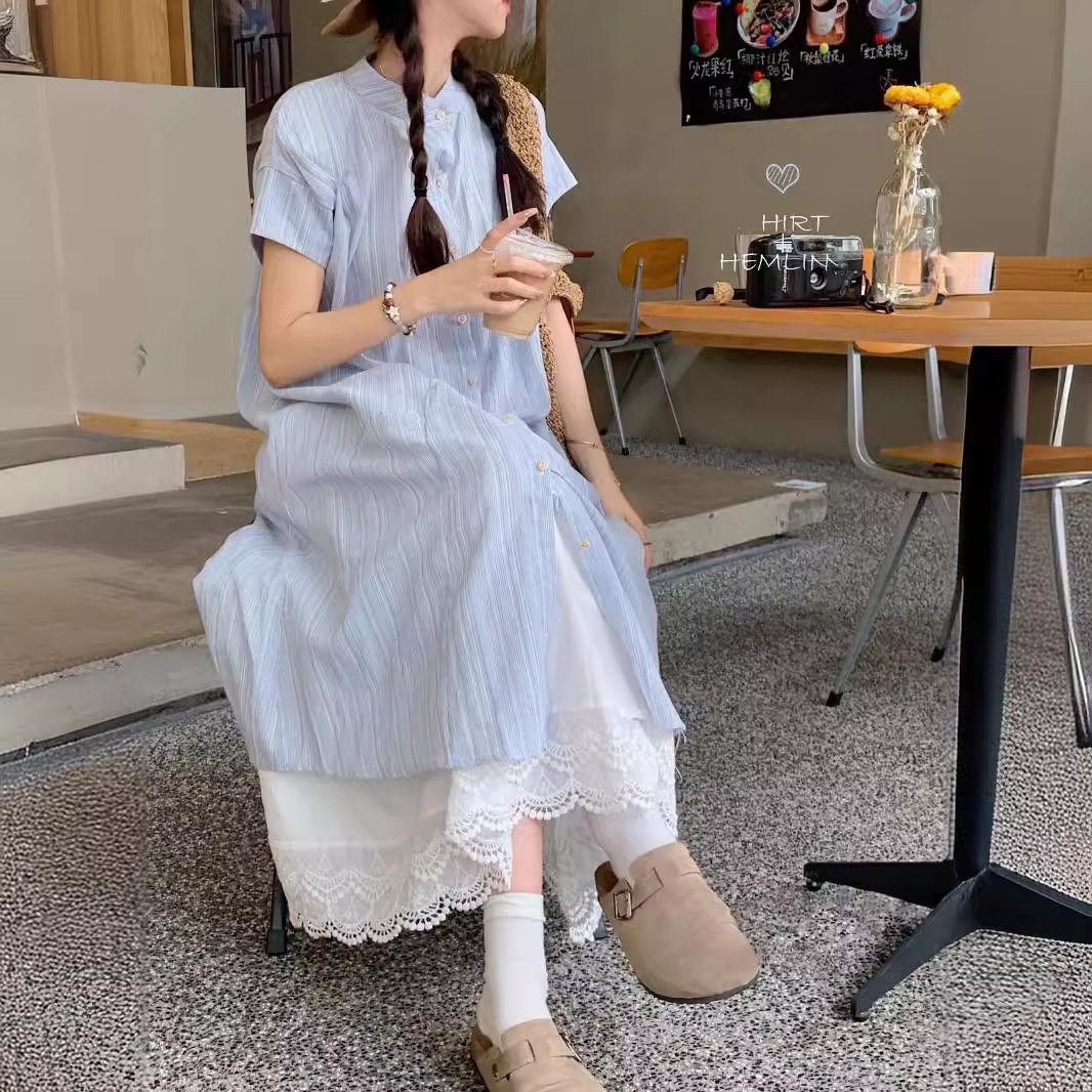 日系甜美叠穿套装女夏季2026新款条纹衬衫连衣裙蕾丝半身裙两件套