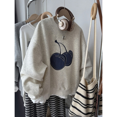 韩系重工刺绣贴布大樱桃卫衣女秋