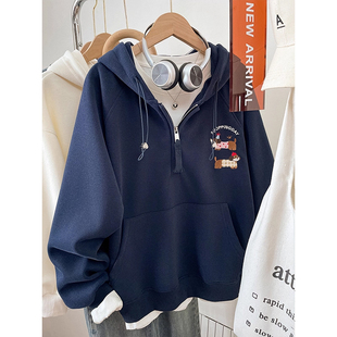 2026新款小个子宽松连帽卫衣女款秋冬季加绒加厚大码胖mm刺绣上衣