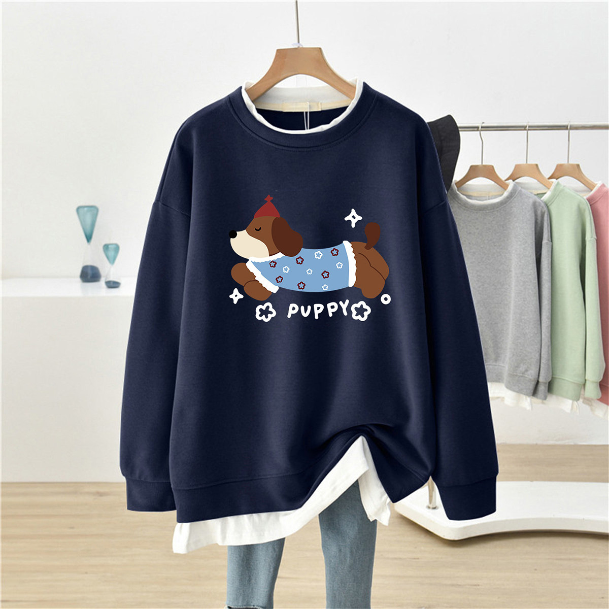 新品假两件卫衣女2026秋冬大码胖mm宽松中长款遮屁股上衣无帽外套