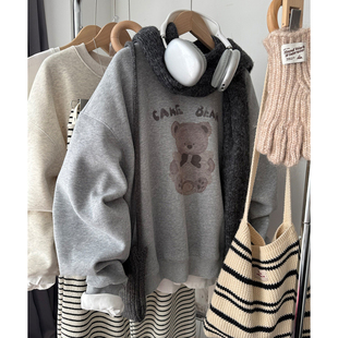 秋冬季宽松慵懒风灰色卫衣女款2026新款韩系胖mm圆领加绒大码上衣