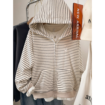 【优质面料】宽松连帽条纹上衣女
