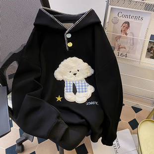港风复古大码胖mm小个子连帽卫衣女款宽松显瘦秋冬季加绒刺绣上衣