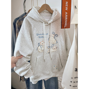 2026新款蕾丝连帽卫衣女款秋冬季宽松显瘦加绒加厚刺绣上衣服外套
