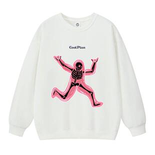 新品美式街头复古风趣味圆领无帽卫衣白色套头oversize小众上衣女