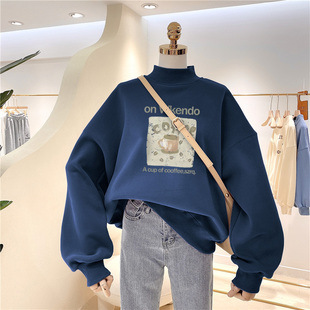 藏蓝色半高领加厚卫衣女冬季加绒百搭大码宽松慵懒风胖mm无帽上衣