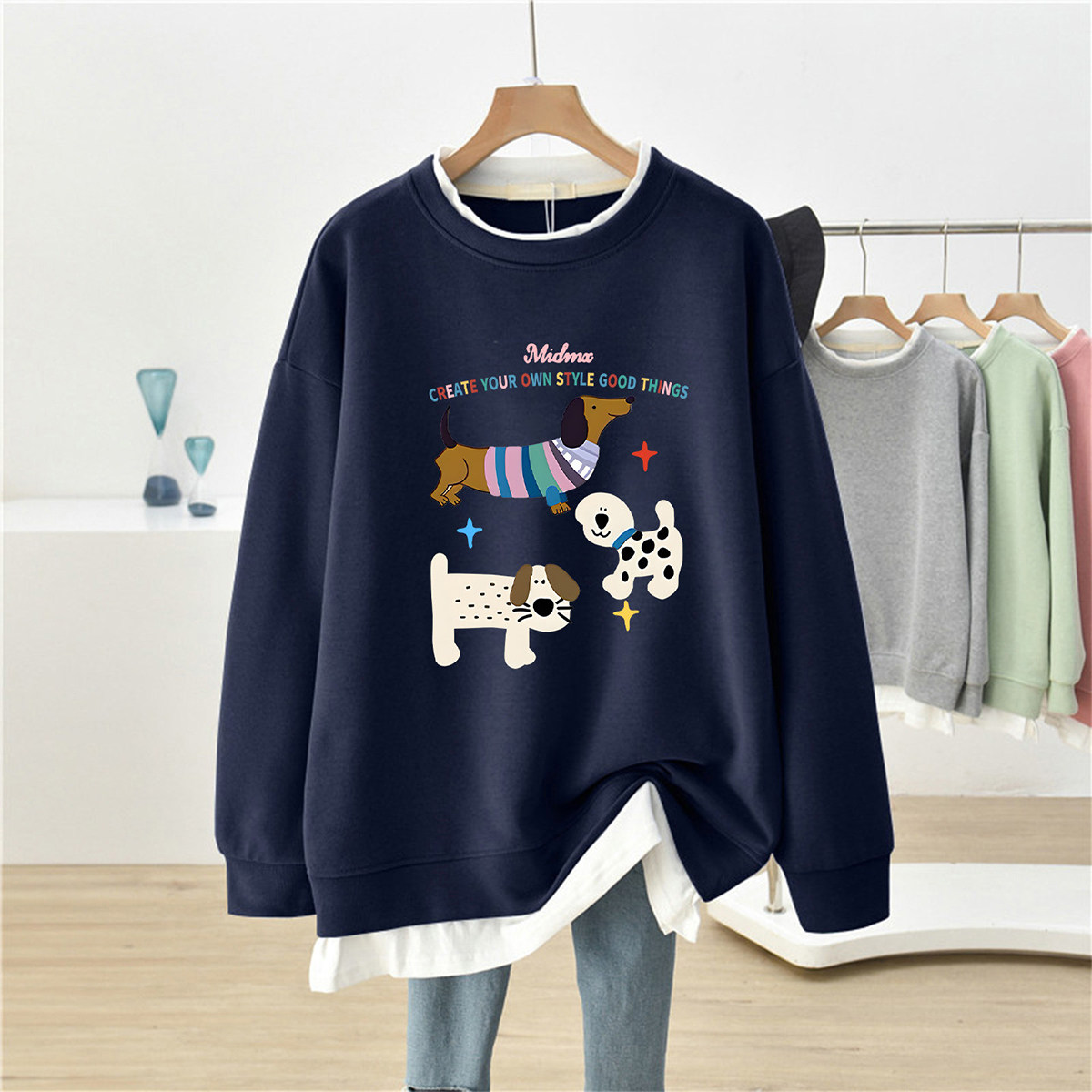 新品假两件卫衣女2026秋冬季大码胖mm宽松中长款遮肚无帽外套上衣