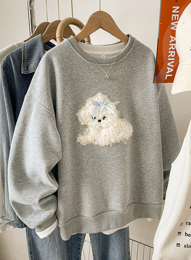 灰色卫衣女新款2025爆款宽松胖mm大码刺绣无帽长袖上衣秋冬季加绒