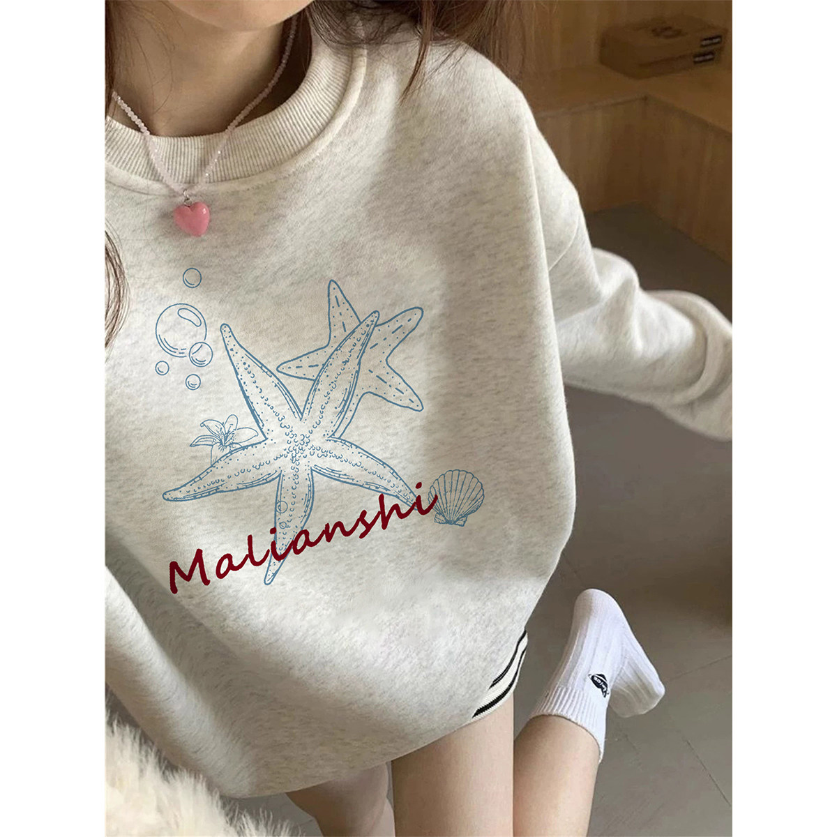 清仓美式慵懒圆领卫衣女新款秋冬加绒加厚宽松无帽外套学院风上衣