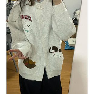 灰色宽松棒球服外套女秋冬季新款加绒胖mm大码洋气开衫卫衣情侣装