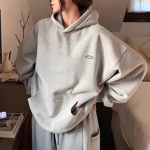 浅灰色加绒连帽卫衣女款加厚2026新款超好看大码胖mm宽松长袖上衣