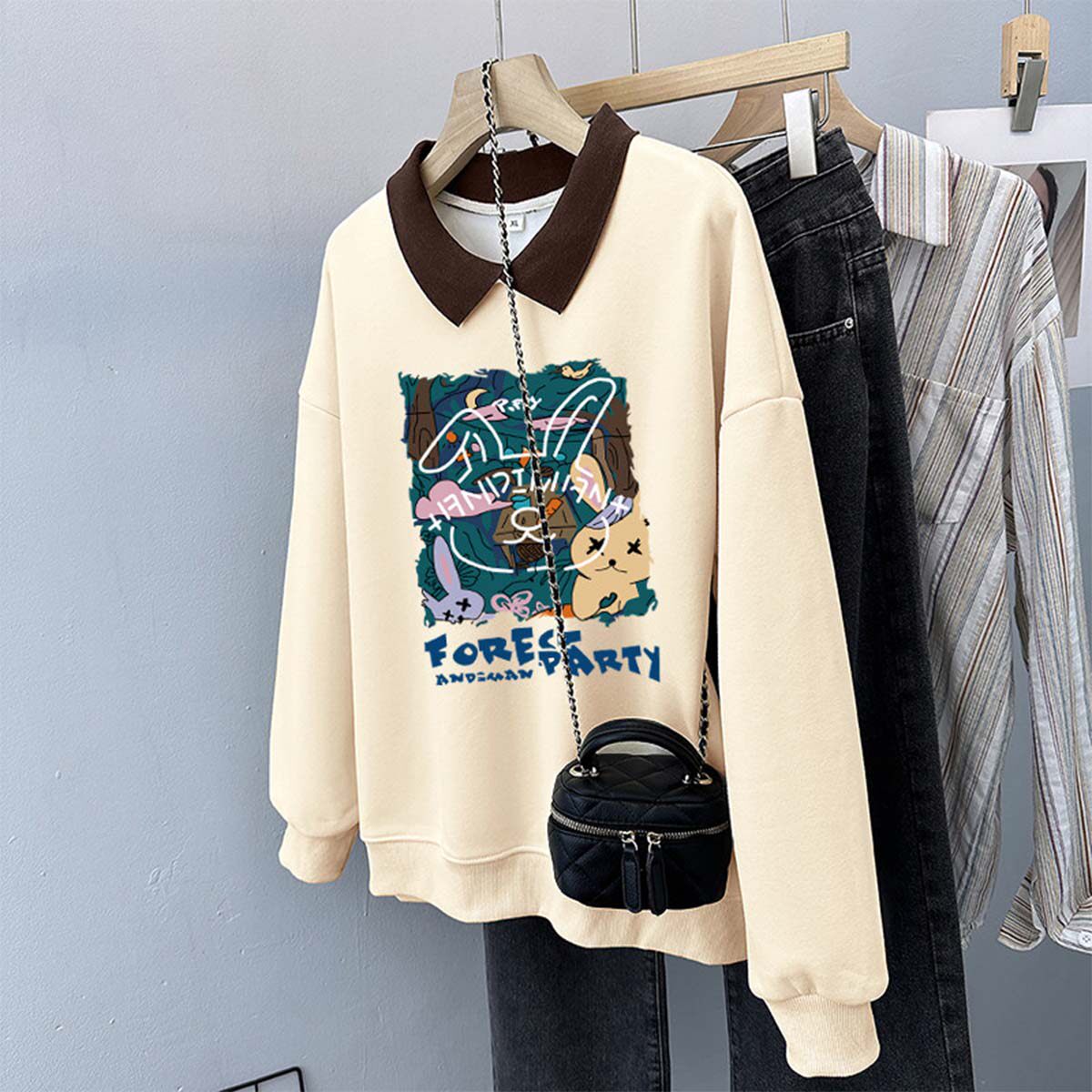 polo衫翻领卫衣女学院风无帽秋冬季大码加绒加厚oversize上衣外套