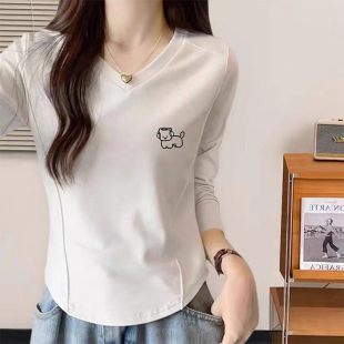 长袖 修身 t恤女秋季 新款 上衣 美式 胖mm设计感显瘦打底衫 高质感大码