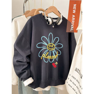 2026新款设计感小众刺绣上衣服春季薄款宽松oversize圆领卫衣女款