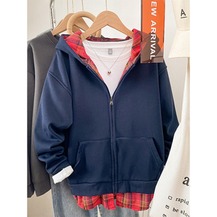 韩系慵懒chic格子衬衫假两件连帽卫衣女秋冬季加绒宽松大码外套潮