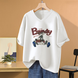 夏季胖mm纯棉v领短袖t恤女款2026新款爆款初中生美式宽松大码上衣