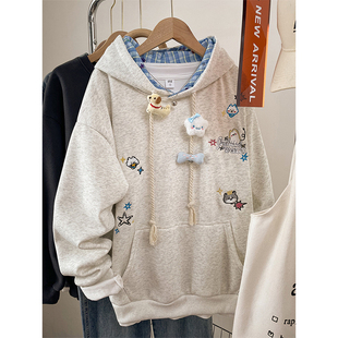 韩系慵懒chic宽松大码连帽披肩卫衣女秋冬季胖mm刺绣加绒外套上衣