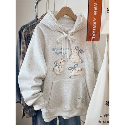 高级感灰色刺绣连帽卫衣女小个子