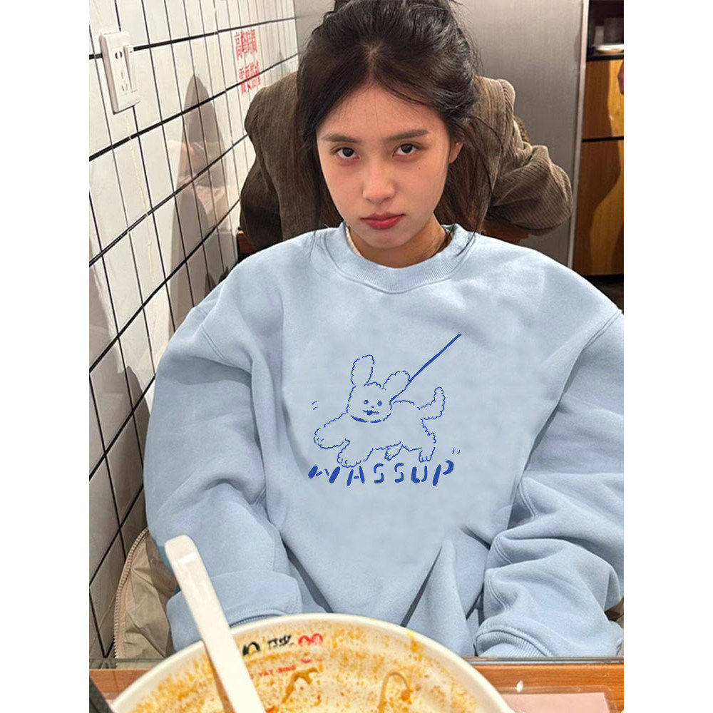 新品港风潮牌春季趣味印花圆领卫衣女款宽松休闲情侣装套头上衣